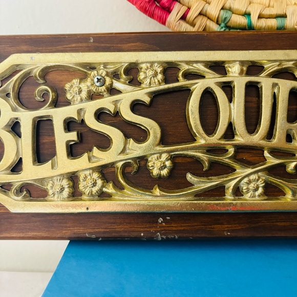 Vintage Bless Our Home Wooden Plaque Sign with Gold Metal Floral Wall Decor - Picture 3 of 3